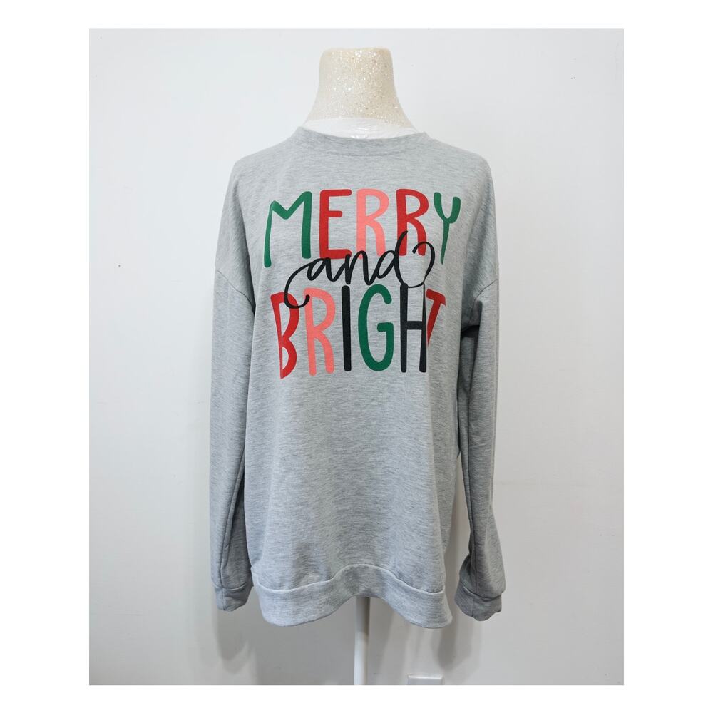 Festive Merry and Bright holiday graphic gray‎ sweatshirt sz M Christmas parties